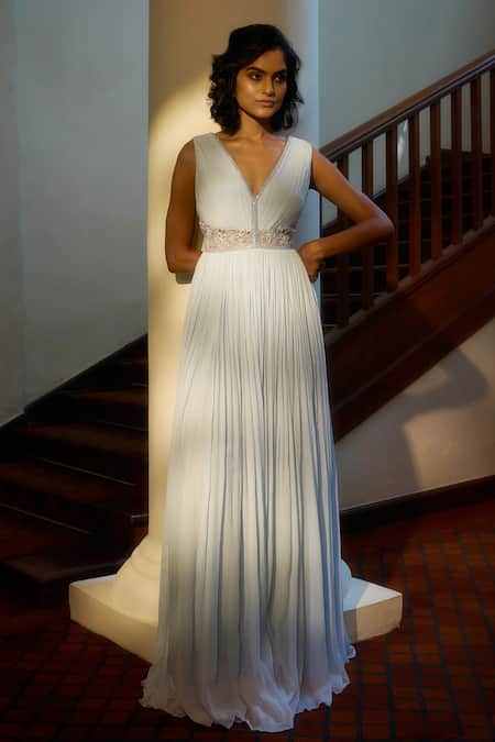 Parshya Pleated V Neck Gown 