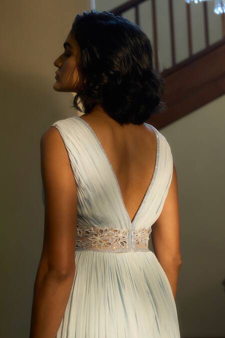 Buy_Parshya_Blue Lining Shantoon, Viscose Chinnon Chiffon Floral V Neck Pleated Gown _Online_at_Aza_Fashions