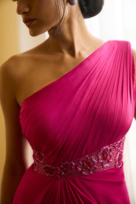 Parshya Pink Lining Shantoon, Viscose Georgette Satin Floral, Pleated One Shoulder Gown Online at Aza Fashions Parshya_Pink Lining Shantoon, Viscose Georgette Satin Floral, Pleated One Shoulder Gown _Online_at_Aza_Fashions