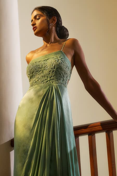 Parshya Green Lining Shantoon, Viscose Georgette Satin One Shoulder Embroidered Gown Online at Aza Fashions Parshya_Green Lining Shantoon, Viscose Georgette Satin One Shoulder Embroidered Gown _Online_at_Aza_Fashions