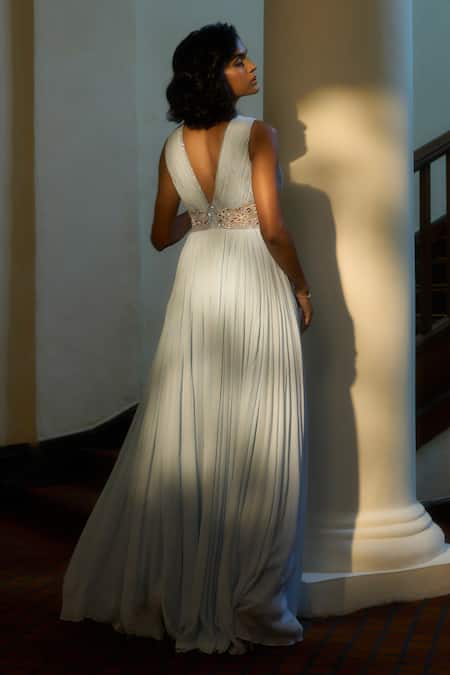 Parshya Pleated V Neck Gown 