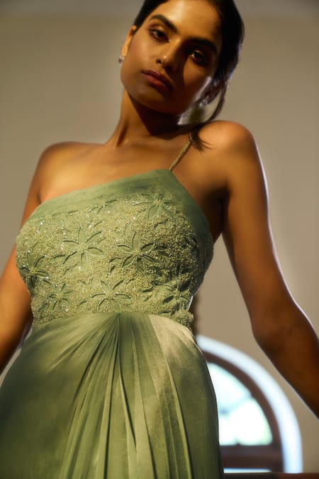 Buy Parshya Green Lining Shantoon, Viscose Georgette Satin One Shoulder Embroidered Gown Online at Aza Fashions Buy_Parshya_Green Lining Shantoon, Viscose Georgette Satin One Shoulder Embroidered Gown _Online_at_Aza_Fashions
