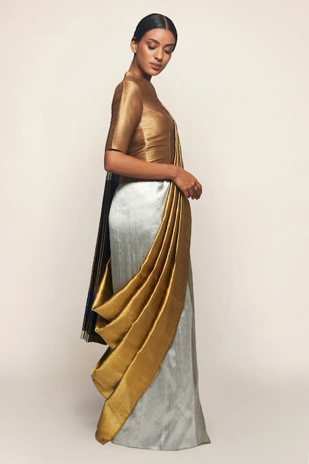 Payal Khandwala_Gold Handwoven Silk Saree_Online_at_Aza_Fashions