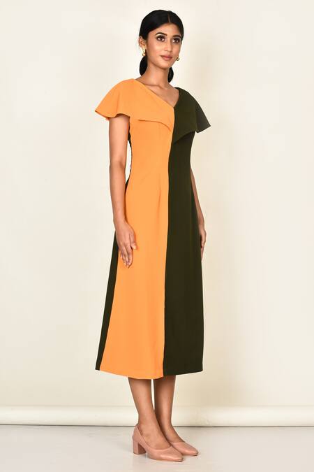 Naintara Bajaj_Yellow Colorblock Overlay Dress_Online_at_Aza_Fashions