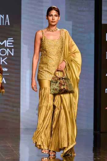 Punit Balana_Green Chanderi , Organza Leather, Resham Embroidered Kurta Gharara Set _Online_at_Aza_Fashions