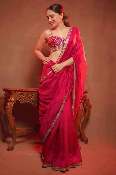 Punit Balana Pink Organza Silk Dori, Mirror Sweetheart Neck Saree With Embroidered Blouse Online at Aza Fashions Punit Balana_Pink Organza Silk Dori, Mirror Sweetheart Neck Saree With Embroidered Blouse _Online_at_Aza_Fashions