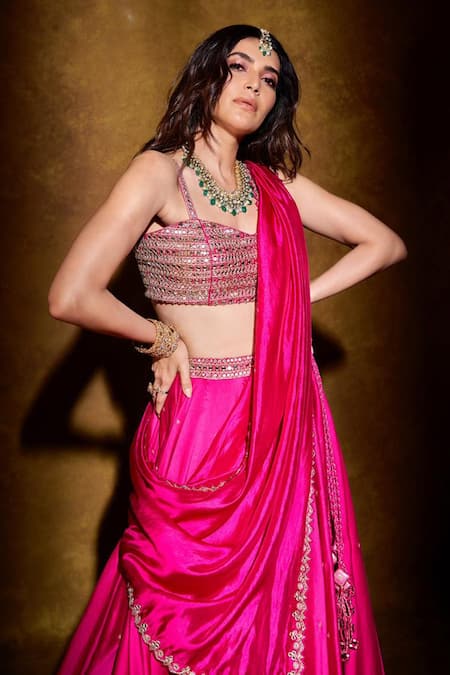 Buy_Punit Balana_Pink , Organza Sweetheart Neck Embroidered Bralette With Lehenga Set _Online_at_Aza_Fashions