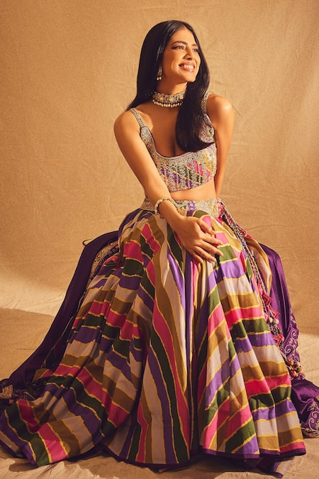 Punit Balana_Multi Color Chanderi , Organza Striped And Floral Print Lehenga Set _Online_at_Aza_Fashions