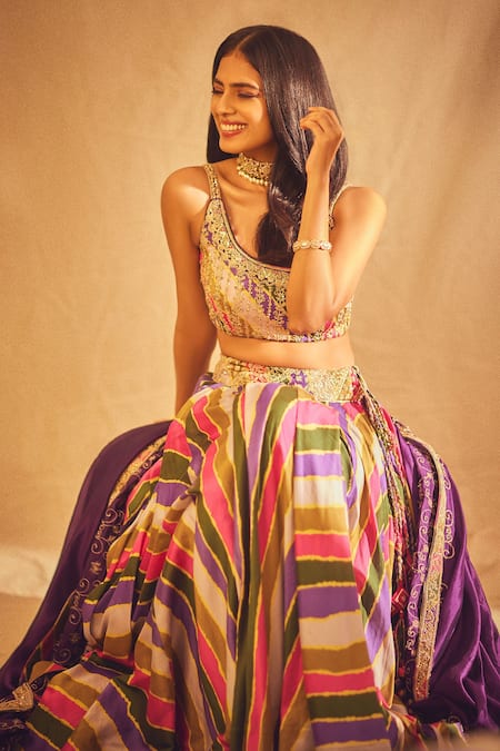 Buy_Punit Balana_Multi Color Chanderi , Organza Striped And Floral Print Lehenga Set _Online_at_Aza_Fashions