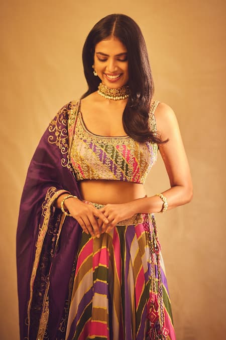 Shop_Punit Balana_Multi Color Chanderi , Organza Striped And Floral Print Lehenga Set _Online_at_Aza_Fashions