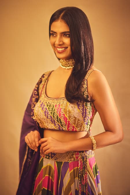 Punit Balana_Multi Color Chanderi , Organza Striped And Floral Print Lehenga Set _at_Aza_Fashions