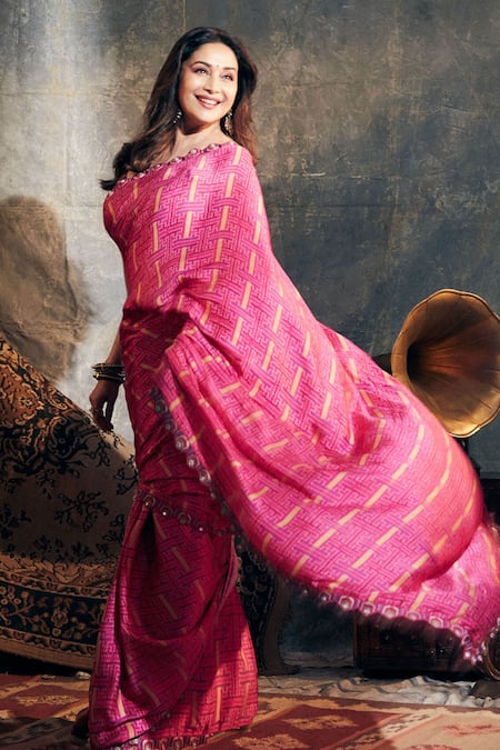 Punit Balana_Pink Satin Silk Resham, Striped Saree With Blouse _Online_at_Aza_Fashions