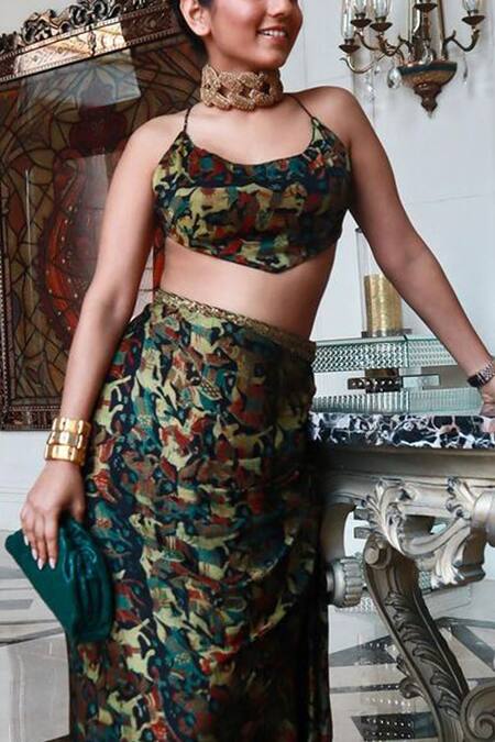 Shop_Punit Balana_Green Silk Satin Vegetable Hand Block Print Cowl Neck Skirt Set_at_Aza_Fashions