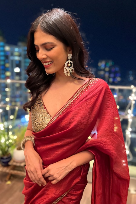 Shop_Punit Balana_Red Organza Silk Metallic Work V Neck Saree With Blouse _Online_at_Aza_Fashions