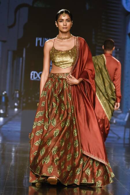 Punit Balana_Maroon Chanderi , Organza Floral Round Print Lehenga Set_Online_at_Aza_Fashions