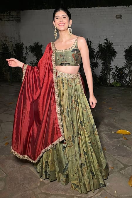 Shop_Punit Balana_Green Chanderi Silk Floral Pattern Scoop Neck Printed Lehenga Set _at_Aza_Fashions