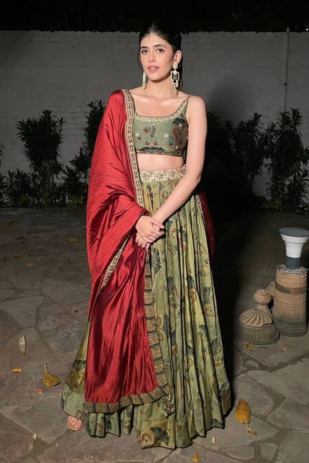 Punit Balana_Green Chanderi Silk Floral Pattern Scoop Neck Printed Lehenga Set _Online_at_Aza_Fashions