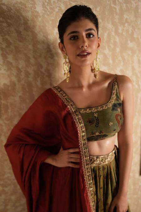 Shop_Punit Balana_Green Chanderi Silk Floral Pattern Scoop Neck Printed Lehenga Set _Online_at_Aza_Fashions
