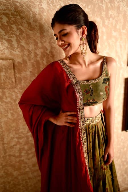 Punit Balana_Green Chanderi Silk Floral Pattern Scoop Neck Printed Lehenga Set _at_Aza_Fashions