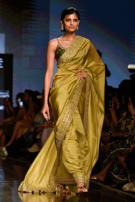 Buy_Punit Balana_Green Organza Silk Marodi Scoop Neck Saree With Blouse _Online_at_Aza_Fashions