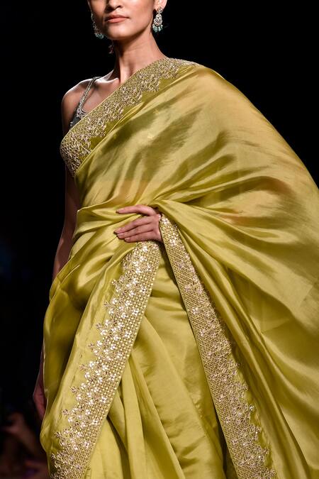 Punit Balana_Green Organza Silk Marodi Scoop Neck Saree With Blouse _at_Aza_Fashions