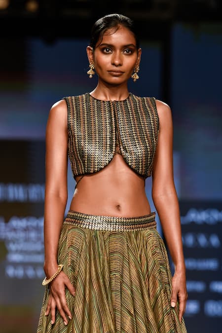 Punit Balana_Green Chanderi Silk Coin Work Round Printed Skirt Set _Online_at_Aza_Fashions