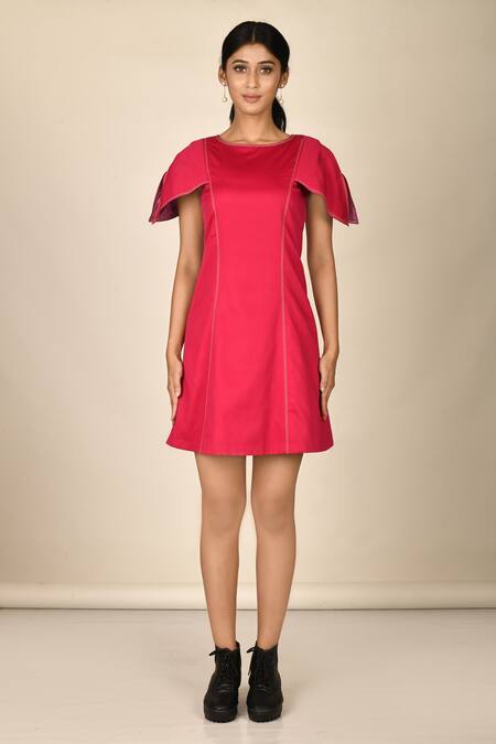 Buy_Naintara Bajaj_Pink Embroidered Stitchline Round Flared Sleeve Dress_Online_at_Aza_Fashions