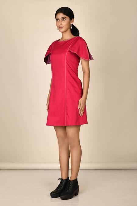 Shop_Naintara Bajaj_Pink Embroidered Stitchline Round Flared Sleeve Dress_Online_at_Aza_Fashions