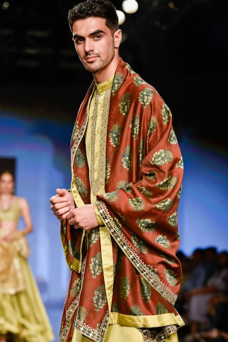 Punit Balana_Green Satin Silk Floral Marodi Work Kurta Set _Online_at_Aza_Fashions