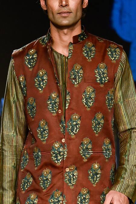 Punit Balana_Yellow Satin Silk Floral, Striped Printed Bundi And Kurta Set _Online_at_Aza_Fashions