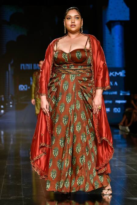 Shop_Punit Balana_Maroon Satin Silk Floral Cape Open Embroidered And Skirt Set _at_Aza_Fashions
