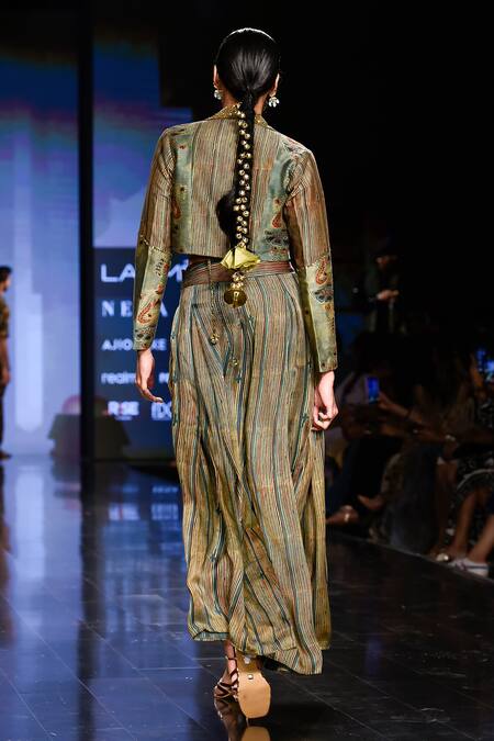 Shop_Punit Balana_Yellow Satin Silk Floral, Striped Jacket Notched Collar And Flared Pant Set _at_Aza_Fashions