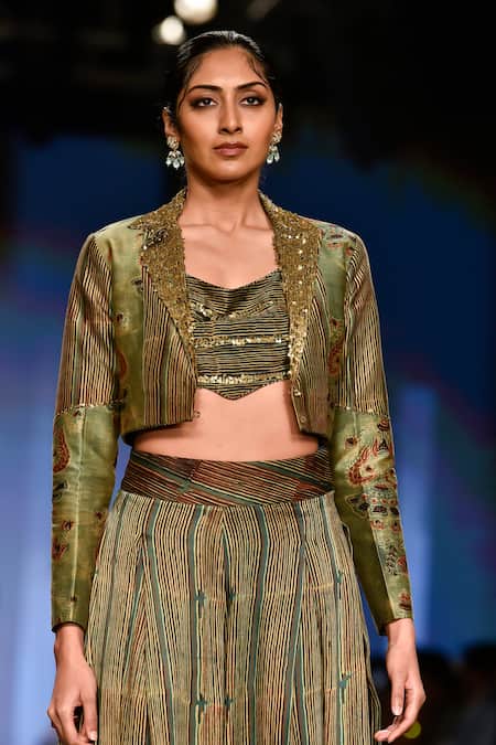 Punit Balana_Yellow Satin Silk Floral, Striped Jacket Notched Collar And Flared Pant Set _Online_at_Aza_Fashions