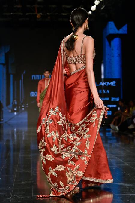 Shop_Punit Balana_Maroon Organza Silk Marodi Patchwork Saree With Blouse _at_Aza_Fashions