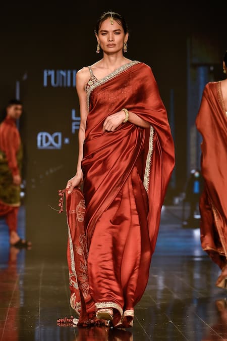 Punit Balana_Maroon Organza Silk Marodi Patchwork Saree With Blouse _Online_at_Aza_Fashions