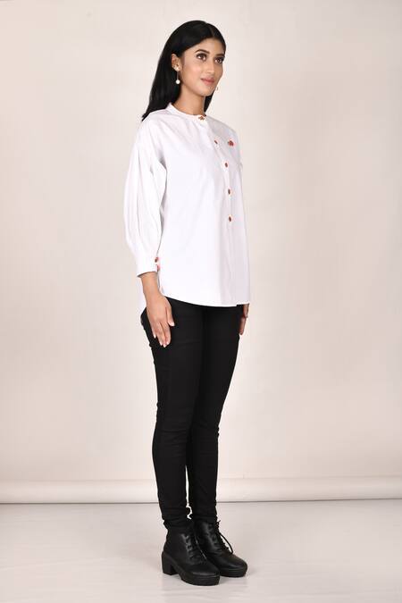 Naintara Bajaj_White Mandarin Collar Shirt_Online_at_Aza_Fashions