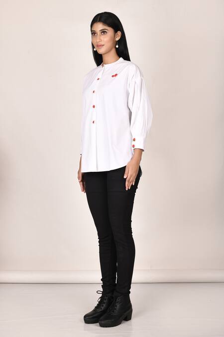 Shop_Naintara Bajaj_White Mandarin Collar Shirt_Online_at_Aza_Fashions