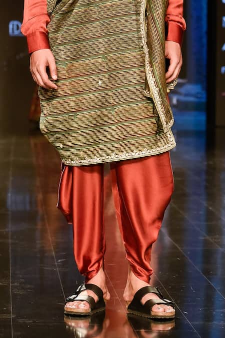 Buy_Punit Balana_Maroon Satin Silk Floral Marodi Work Kurta Set _Online_at_Aza_Fashions