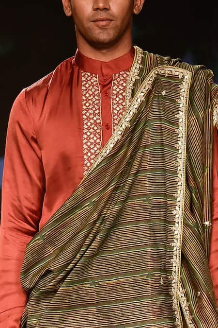 Punit Balana_Maroon Satin Silk Floral Marodi Work Kurta Set _Online_at_Aza_Fashions