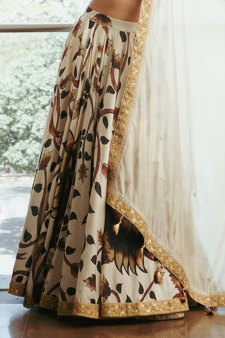 Punit Balana_Beige Chanderi Silk Floral, Marodi Patchwork Scoop Neck Print Bridal Lehenga Set _at_Aza_Fashions