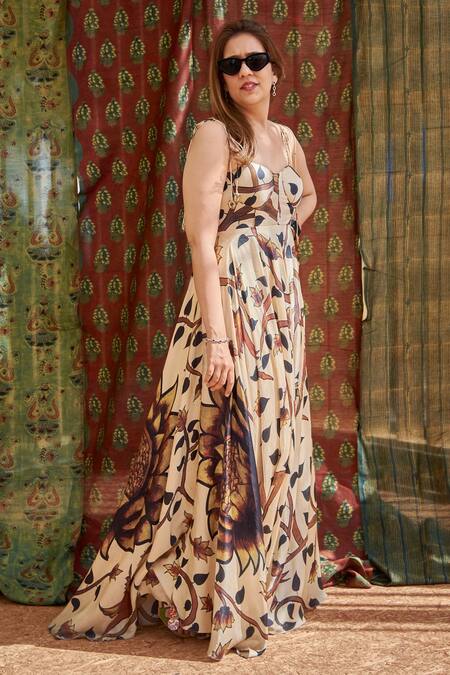 Punit Balana_Beige Silk Satin Floral Sweetheart Neck Print String Gown _Online_at_Aza_Fashions