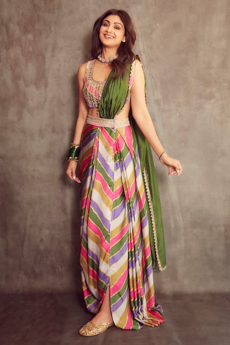 Punit Balana Stripe Print Pre-Draped Saree Set 
