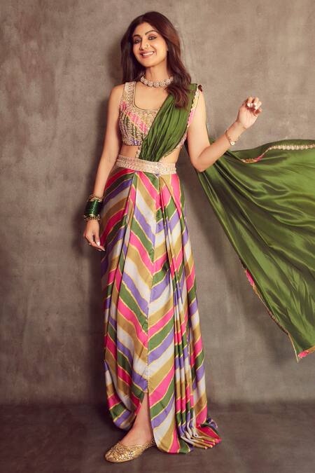 Multi Colored Printed Embroidered Saree Set With Belt