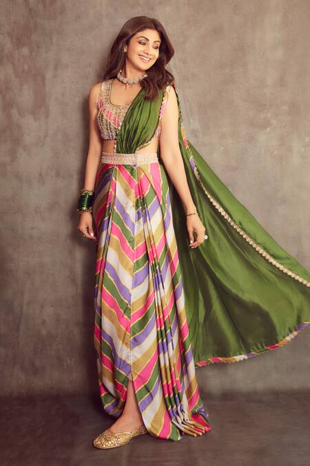 Buy Punit Balana Multi Color Satin , Organza Marodi And Stripe Print Pre-draped Saree Set Online at Aza Fashions Buy_Punit Balana_Multi Color Satin , Organza Marodi And Stripe Print Pre-draped Saree Set _Online_at_Aza_Fashions
