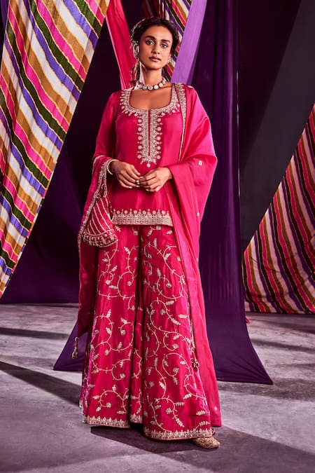 Deep Red Designer Lace Cut work Short Kurti Sharara Suit Women Indian  Festive dress 8108 : Amazon.in: Clothing & Accessories