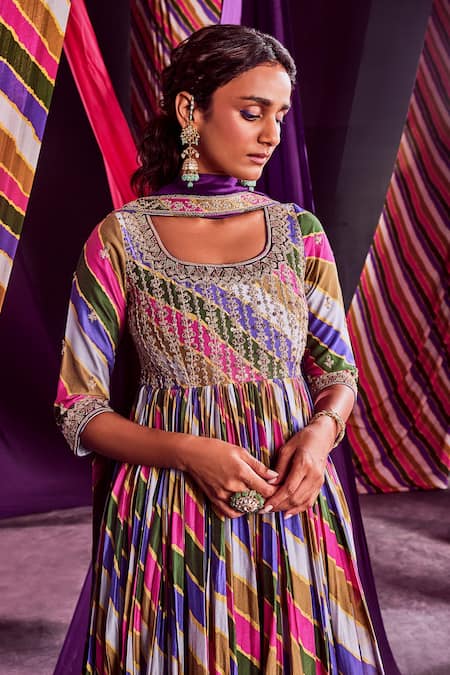 Buy Punit Balana Multi Color Chanderi And Organza Stripe, Zardozi & Print Anarkali Set Online at Aza Fashions Buy_Punit Balana_Multi Color Chanderi And Organza Stripe, Zardozi & Print Anarkali Set _Online_at_Aza_Fashions