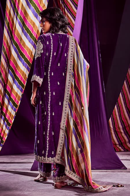Shop Punit Balana Purple Velvet And Organza Silk Marodi & Zardozi, Stripe Print Band Kurta Pant Set at Aza Fashions Shop_Punit Balana_Purple Velvet And Organza Silk Marodi & Zardozi, Stripe Print Band Kurta Pant Set _at_Aza_Fashions