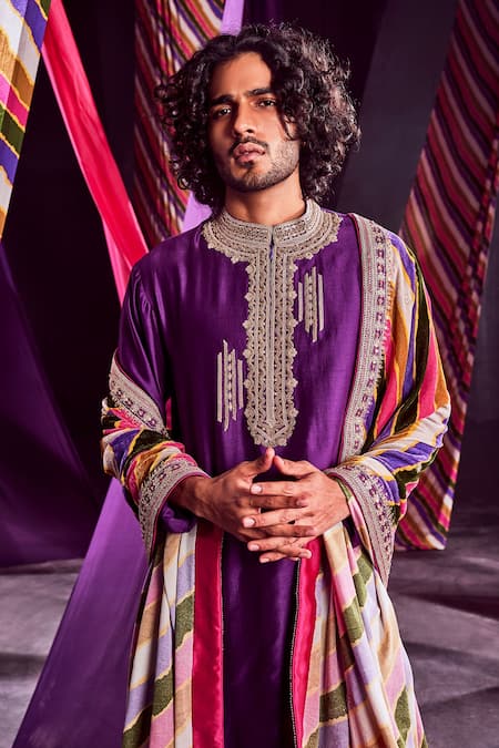 Punit Balana_Purple Chanderi Silk And Velvet Marodi & Stripes Kurta Set _Online_at_Aza_Fashions