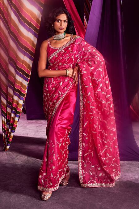 Punit Balana Pink Organza Silk Gota And Marodi Scoop Neck Embroidered Saree With Blouse Online at Aza Fashions Punit Balana_Pink Organza Silk Gota And Marodi Scoop Neck Embroidered Saree With Blouse _Online_at_Aza_Fashions