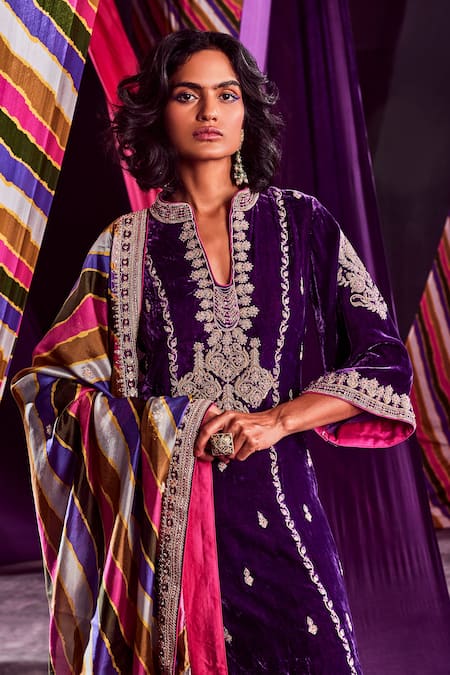 Punit Balana Purple Velvet And Organza Silk Marodi & Zardozi, Stripe Print Band Kurta Pant Set Online at Aza Fashions Punit Balana_Purple Velvet And Organza Silk Marodi & Zardozi, Stripe Print Band Kurta Pant Set _Online_at_Aza_Fashions